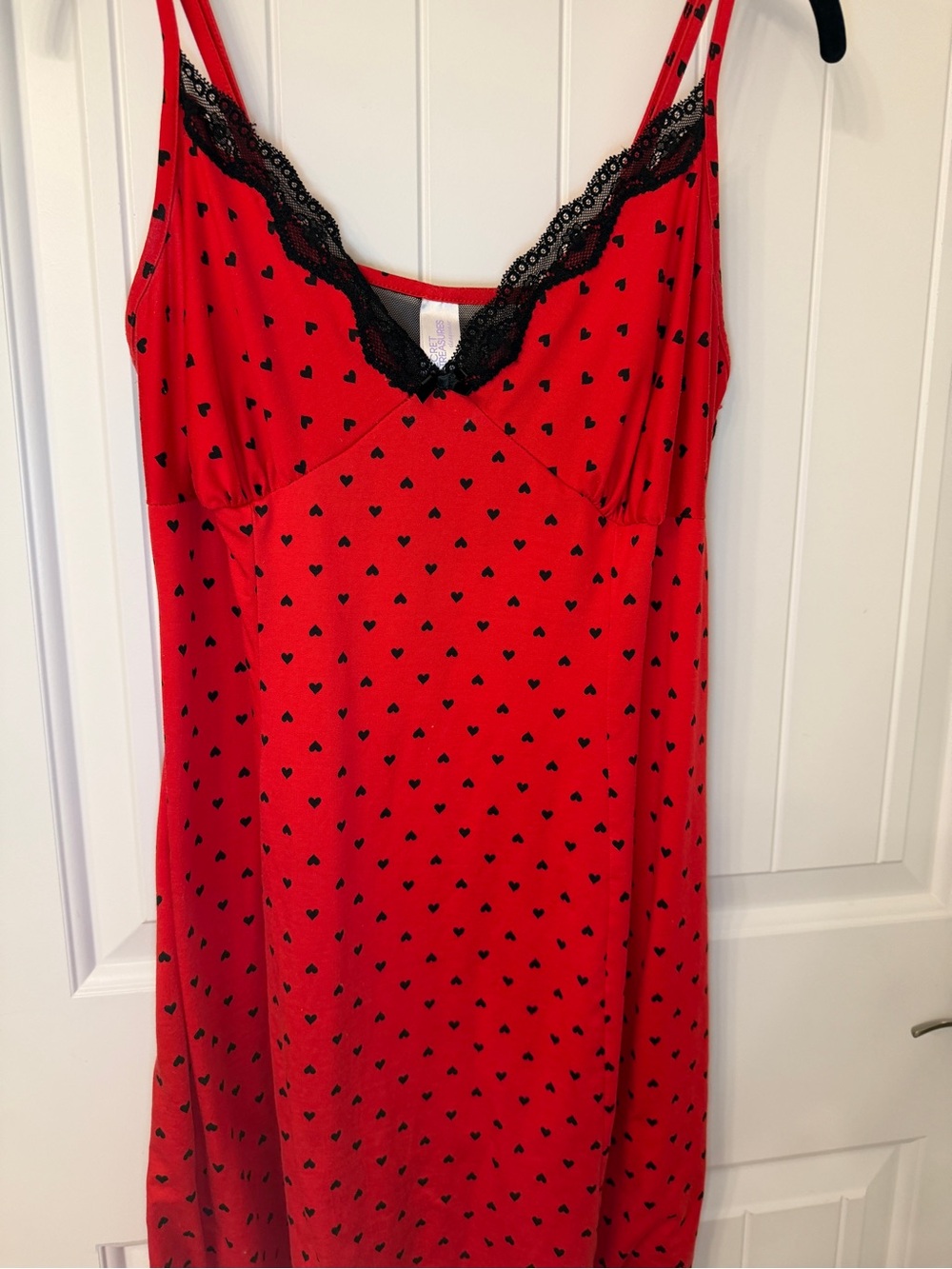 Secret Treasures Red Slip with Black Heart Print and Lace Trim